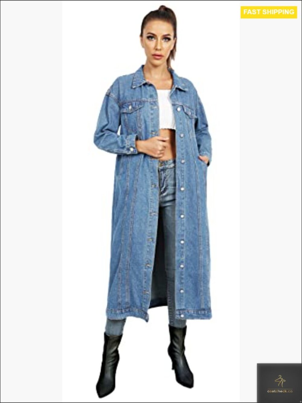 Classic Denim Trench Coat Oversized Loose Fit Long Sleeve Button Down Jacket - Picture 5 of 6